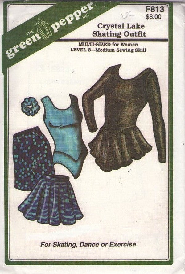 Green Pepper F813 Vintage 90's Sewing Pattern Leotard, Skirt, Hair Scrunchy, Crystal Lake Skating Outfit Size 8-16