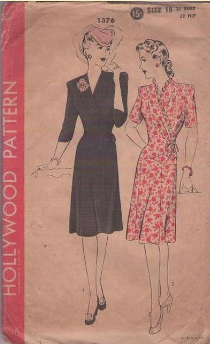Hollywood 1376 Vintage 40's Sewing Pattern Dinner Dress, WW2 Era, Surplice Wrap Front, Shirred Cocktail Party Dress 2 Styles Size 18