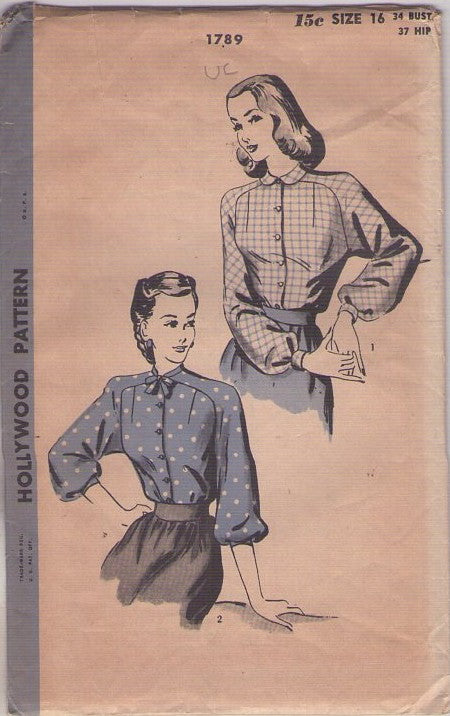 Hollywood 1789 Vintage 40's Sewing Pattern Modest Blouse, Shaped Sleeves, Button Front, 2 Styles Size 16