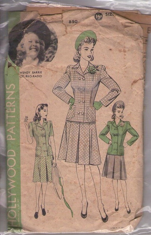 Hollywood 850 Vintage 40's Sewing Pattern Suit, Movie Starlet, Wendy Barrie of RKO Radio, Swing Era Career Suit Dress, Jacket Top Blouse, Pleated Skirt Size 14