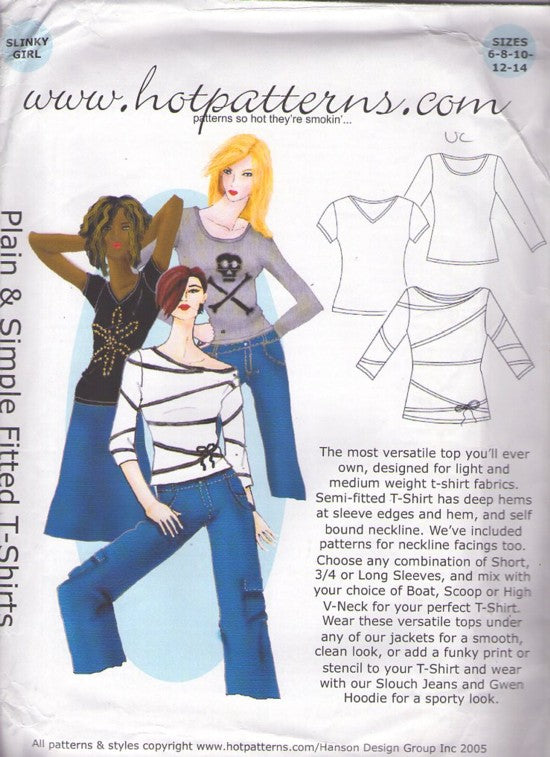 Hotpatterns Retro 2005 Sewing Pattern Easy Shirts, Plain and Simple Fitted T-Shirt, Piping or Ribbon Trim, Bandage Look Size 6-14