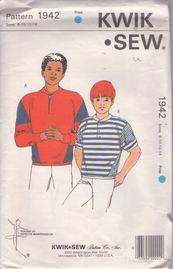 Kwik Sew 1942 Vintage 80's Sewing Pattern Boys' New Wave Boy Band Look Pullover Rugby Shirts, Polo Shirt Set Size 8-14