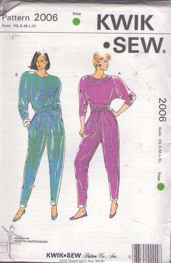 Kwik Sew 2006 Vintage 90's Sewing Pattern New Wave Batwing Pullover Top, Harem Pleated Pants, Lounge Set Size XS-XL