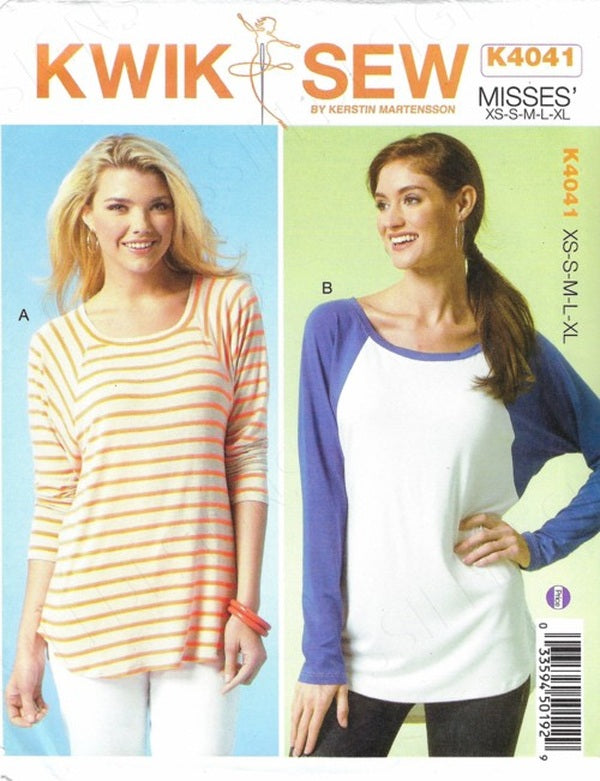 Kwik Sew 4041 Retro 2014 Sewing Pattern Pullover Top, Scoop Neck, Baseball Raglan Sleeves, 2 Styles Size XS-XL