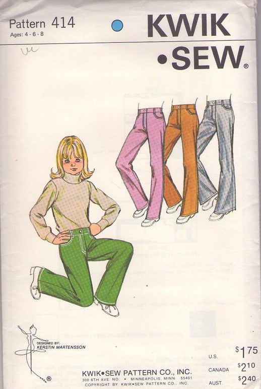 Kwik Sew 414 Vintage 70's Sewing Pattern Girl's Fly Front Jeans, 4 Leg Style Trousers Size Waist 4-8