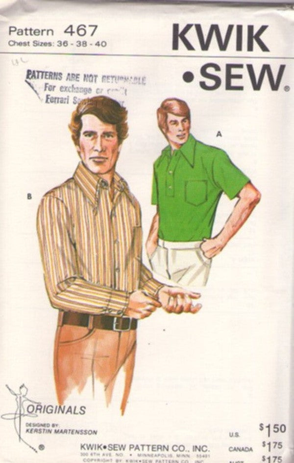 Kwik Sew 467 Vintage 70's Sewing Pattern Men's Shirts, Disco Era, Pointed Collar, Pullover Polo Shirt, Front Buttoned Dress Shirt Size 36-40 L