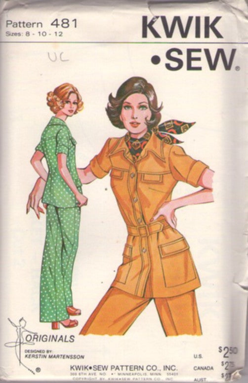 Kwik Sew 481 Vintage 70's Sewing Pattern Mod Pantsuit, Safari Suit, Jacket Top Blouse with Pockets, 2 Styles of Pants Size 8-12