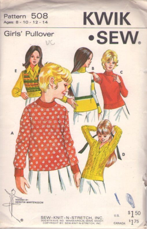 Kwik Sew 508 Vintage 70's Sewing Pattern Mod Tops, Pullover Knit Sweater Set, Ribbed V Neck, Top, Sweater Vest, Shirt 5 Styles Size 8-14