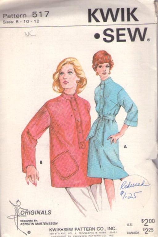Kwik Sew 517 Vintage 70's Sewing Pattern Knit Tops, Button Band Step In Secretary Dress & Tie Belt, Hippie Tunic Top Pullover Size 8-12