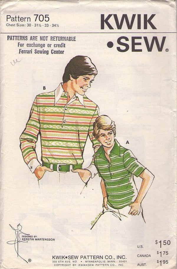 Kwik Sew 705 Vintage 70's Sewing Pattern Teens' Rugby Shirts, Stiff Collared Knit Polo Shirt, Rugby Shirt with Button Cuffs Size 30-34.5 L