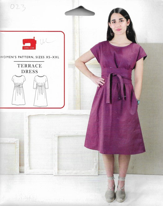 Liesl & Co 023 Retro 2018 Sewing Pattern Terrace Dress in 2 Styles, Pockets, Obi Sash or Tie Size XS-XXL