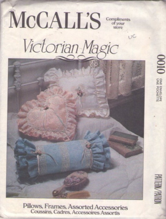 McCall's 0010 Vintage 90's Sewing Pattern Pillows and Frames, Padded, Lace Trimmed, Victorian Magic, Bolster, Heart, Square Pillow, Frames, Accessory Package