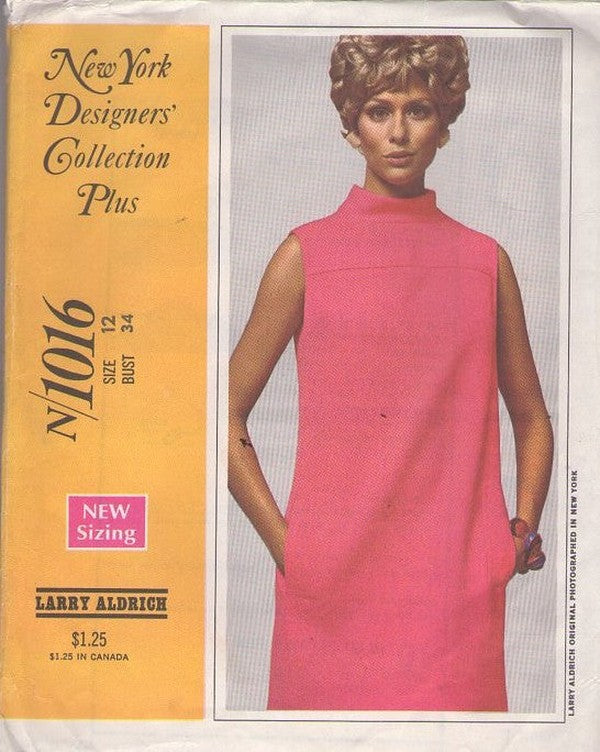McCall's 1016 Vintage 60's Sewing Pattern Mod Dress, NY Designers' Collection Plus, Larry Aldrich, Twiggy Look Size 12