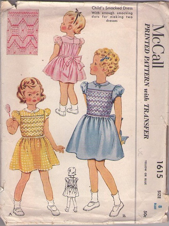 McCall's 1615 Vintage 50's Sewing Pattern Girls' Smocked Party Dress, Tie Back Sash, Zig Zag Smocking Transfer Size 8