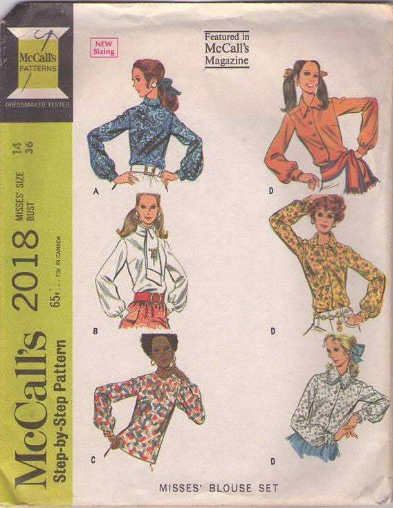 McCall's 2018 Vintage 60's Sewing Pattern Mod Shirts, Office Secretary Day Blouse Set, Buttons, Tie Collar, Sash Tie Size 12