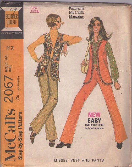 McCall's 2067 Vintage 60's Sewing Pattern Cher Vibes Separates, Groovy Long Embellished Vest Jacket, High Waisted Flared Pants Size 12