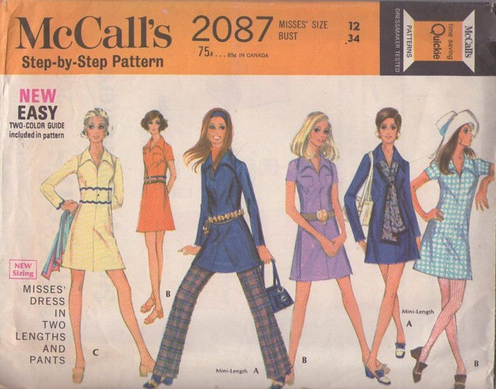 McCall's 2087 Vintage 60's Sewing Pattern Mod Separates, Wide Pointed Collar Center Seam Fit & Flared A-Line Secretary Dress, Tunic Top, Pants Size 12