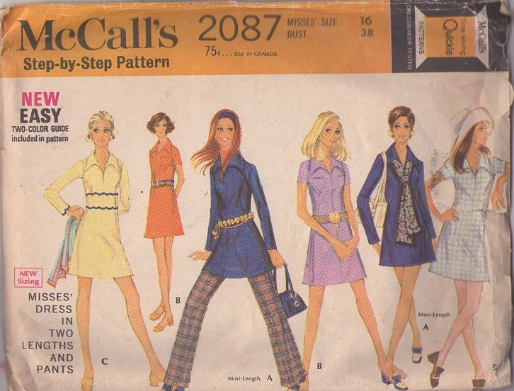 McCall's 2087 Vintage 60's Sewing Pattern Mod Separates, Wide Pointed Collar Center Seam Fit & Flared A-Line Secretary Dress, Tunic Top, Pants Size 16