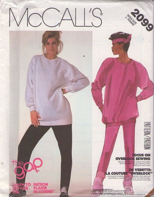 McCall's 2099 Vintage 80's Sewing Pattern Top & Pants, Fall Into The Gap, Designer Let's Get Physical Gym Clothes, Oversized Sweatshirt Shirt, Top & Stirrup Pants Leggings Size 14 CUT