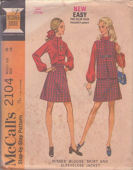 McCall's 2104 Vintage 60's Sewing Pattern Mod Separates, Twiggy Mod Secretary Tie Collar Balloon Sleeve Blouse, A-Line Mini Skirt, Vest Jacket Size 16