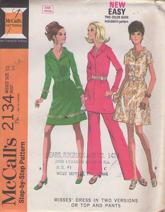 McCall's 2134 Vintage 60's Sewing Pattern Mod Pantsuit, Hostess Tunic Top & Pants, Front Zippered House Dress 2 Styles Size 12