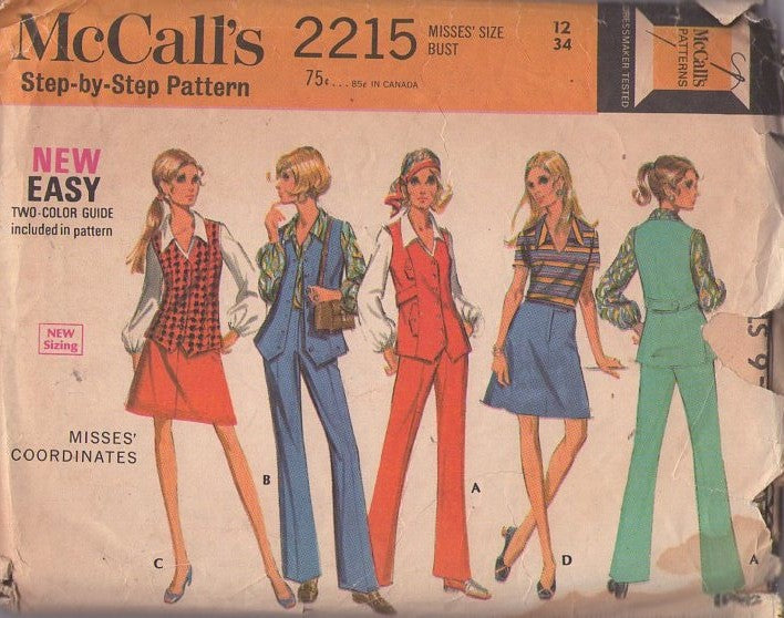 McCall's 2215 Vintage 60's Sewing Pattern Mod Separates, Secretary Mix & Match Vest Jacket, Flared Fly Front Mini Skirt, Trousers & Blouse Size 12