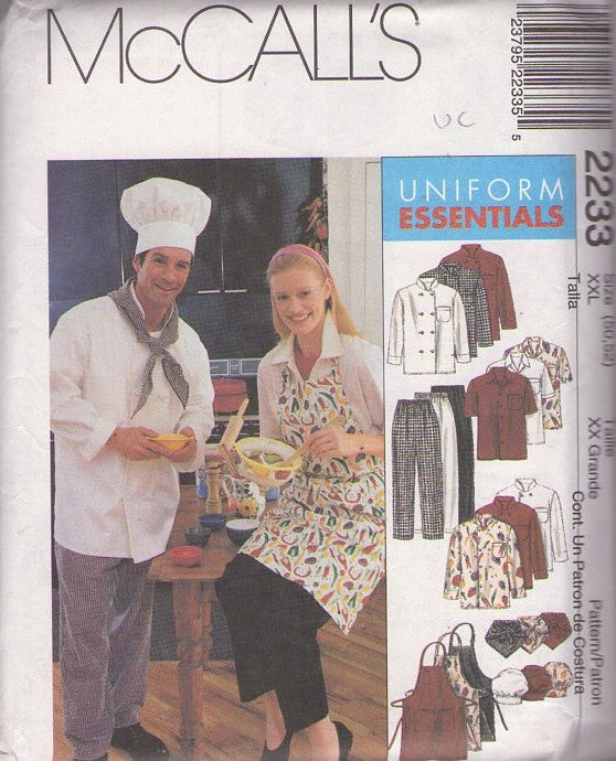 McCall's 2233 Retro 90's Sewing Pattern Hospitality Separates, Uniform Essentials, Chef's Coat, Shirt, Pants, Halter Top Butcher Apron, Hat Size XXL