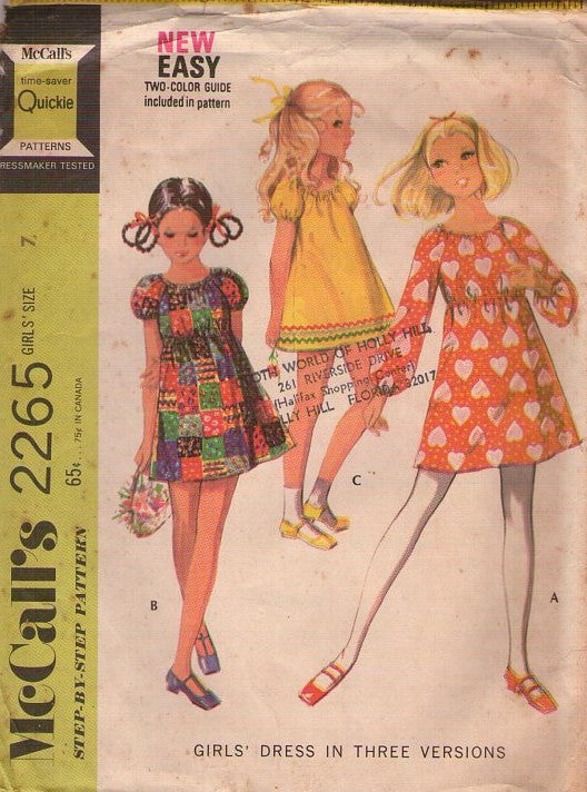 McCall's 2265 Vintage 70's Sewing Pattern Girls' Mod Dress, Mini Dresses, Puff Sleeve, 3 Styles Size 7