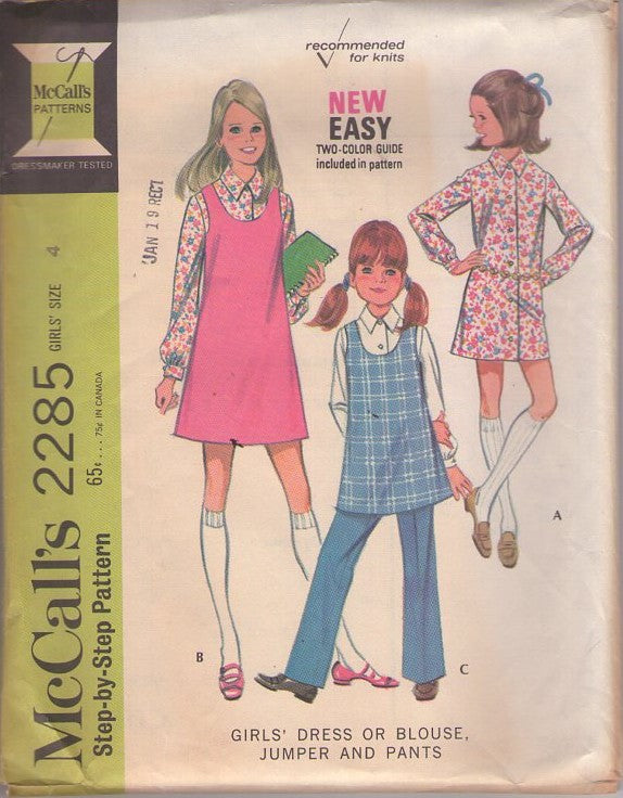 McCall's 2285 Vintage 70's Sewing Pattern Girls' Separates, Scoop Neck Jumper, Dress, Collared Blouse, Shirt Dress and Pants Size 4