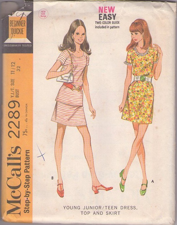McCall's 2289 Vintage 70's Sewing Pattern Mod Separates, Easy Knits, Scoop Neck, Raglan Sleeve Tshirt Top, Dress, Mini Skirt Size 11/12