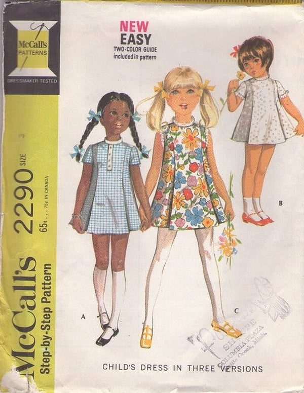 McCall's 2290 Vintage 70's Sewing Pattern Girls' Dress Set, Flat Front Pleated Panel Brady Bunch Mod School Days Dress, 3 Styles Size 3