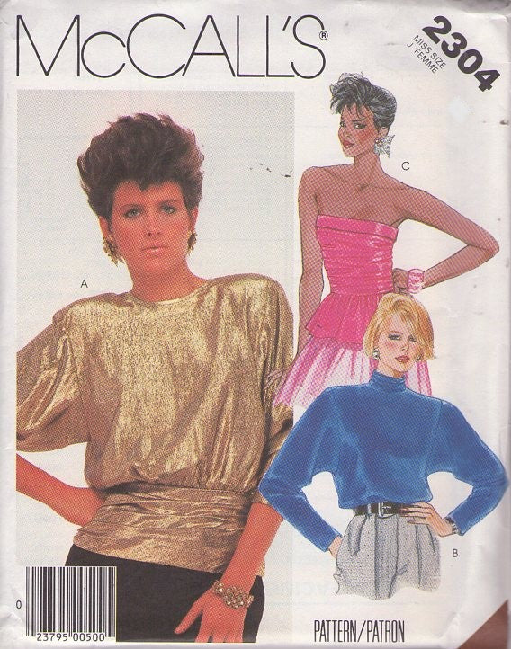 McCall's 2304 Vintage 80's Sewing Pattern Disco Top Set, Party Gold Lame Cocktail Blouse, Strapless Ruched Bustier with Peplum Size 14