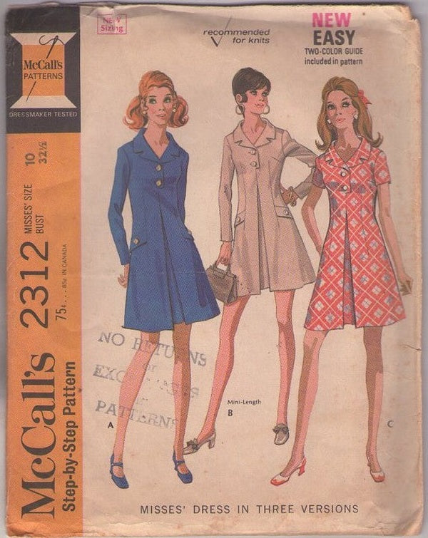 McCall's 2312 Vintage 70's Sewing Pattern Mod Dress Set, Inverted Front Pleat, Secretary Knit Dresses, 3 Styles Size 10