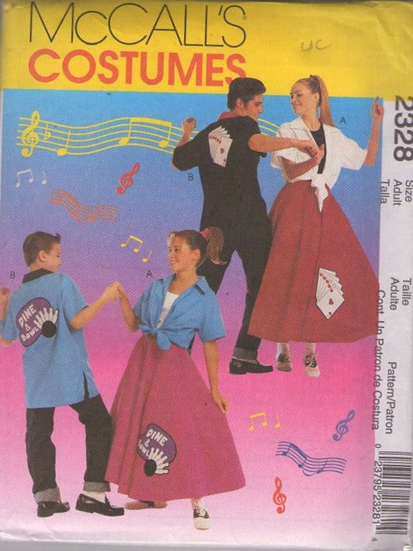 McCall's 2328 Retro 90's Sewing Pattern 1950s Costumes, At The Hop Grease American Graffiti Rockabilly Costume Bowling Shirt, Tie Front Blouse, Circle Skirt, Appliques Size ADULT S-XL