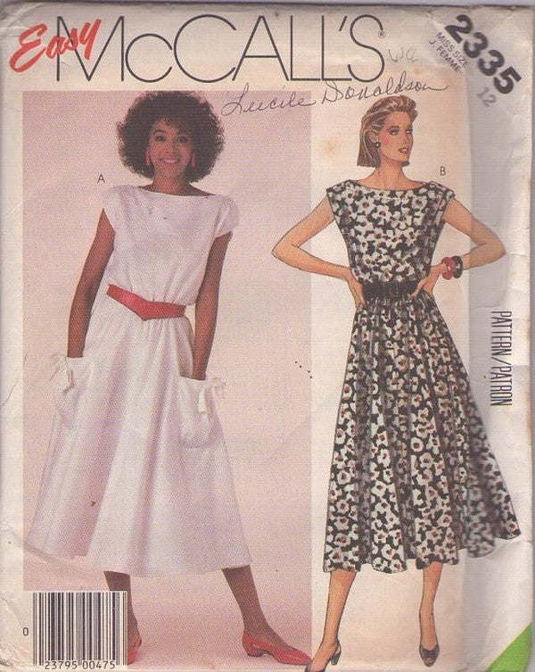 McCall's 2335 Vintage 80's Sewing Pattern Day Dress Set, Pouch Pockets, Bateau Neck Cap Sleeve FLARED Skirt Summer Secretary Day Dress Size 12