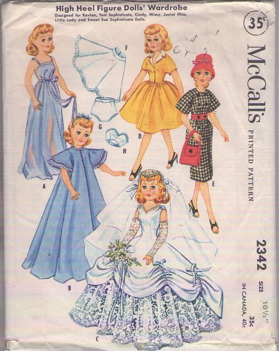 McCall's 2342 Vintage 50's Sewing Pattern Doll Crafts, High Heel Dolls' Wardrobe, Wedding Dress, Day Dresses, Sleepwear, Lingerie Size 10.5