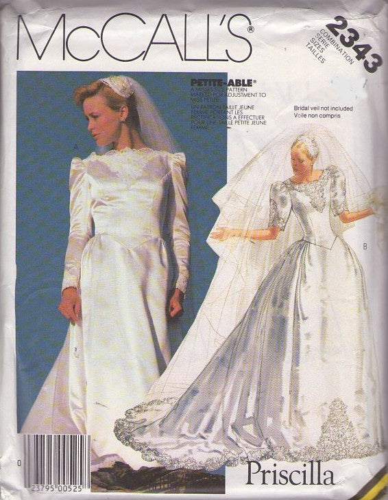 McCall's 2343 Vintage 80's Sewing Pattern Bridal Gowns, Designer Priscilla Basque Waist Classic Wedding Gown, Long Bridal Dress with Attached Slip, Train Size 6-10