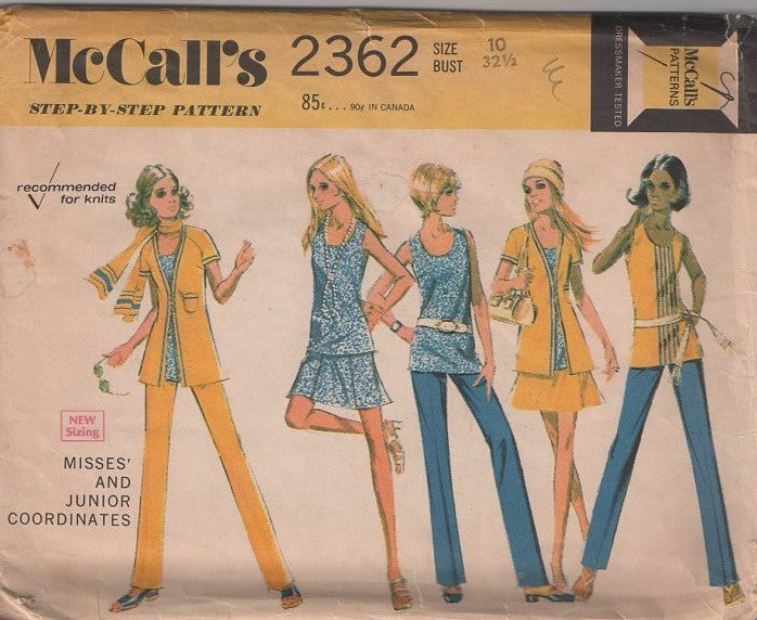 McCall's 2362 Vintage 70's Sewing Pattern Mod Separates, Knits Scoop Neck Tank Top, NEAT Raglan Sleeve to Back Yoke Jacket, Mini Skirt & Pants Size 14