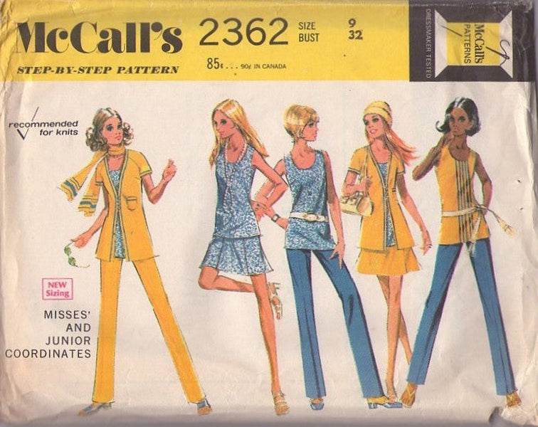 McCall's 2362 Vintage 70's Sewing Pattern Mod Separates, Knits Scoop Neck Tank Top, NEAT Raglan Sleeve to Back Yoke Jacket, Mini Skirt & Pants Size 9