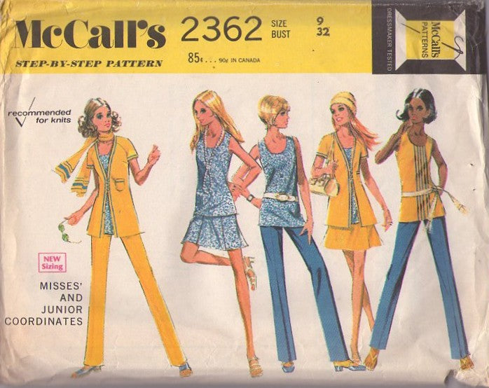 McCall's 2362 Vintage 70's Sewing Pattern Mod Separates, Knits Scoop Neck Tank Top, NEAT Raglan Sleeve to Back Yoke Jacket, Mini Skirt & Pants Size 9