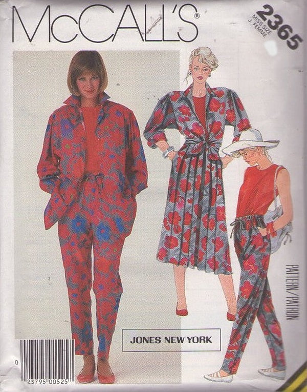 McCall's 2365 Vintage 80's Sewing Pattern Casual Separates, Mix & Match Boxy Tie Front Oversized Shirt Jacket, Drawstring Pants, Knife Pleats Skirt Size 8