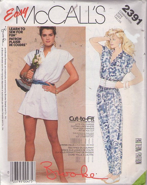 McCall's 2391 Vintage 80's Sewing Pattern Easy Jumpsuit, Brooke Shields, New Wave Summer Romper, Cap Sleeve Jumpsuit Size 6-10