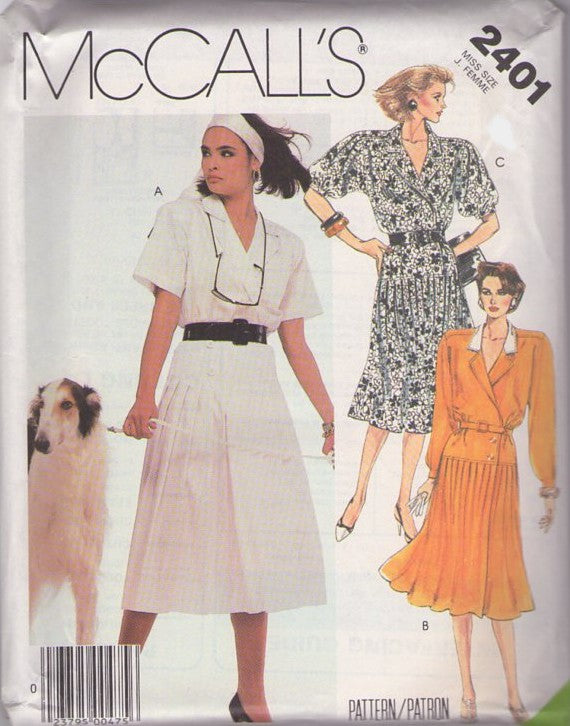 McCall's 2401 Vintage 80's Sewing Pattern Secretary Wrap Dress, New Wave Boxy Wrap & Button Bodice, Pleated Skirt Career Dress, 3 Styles Size 14