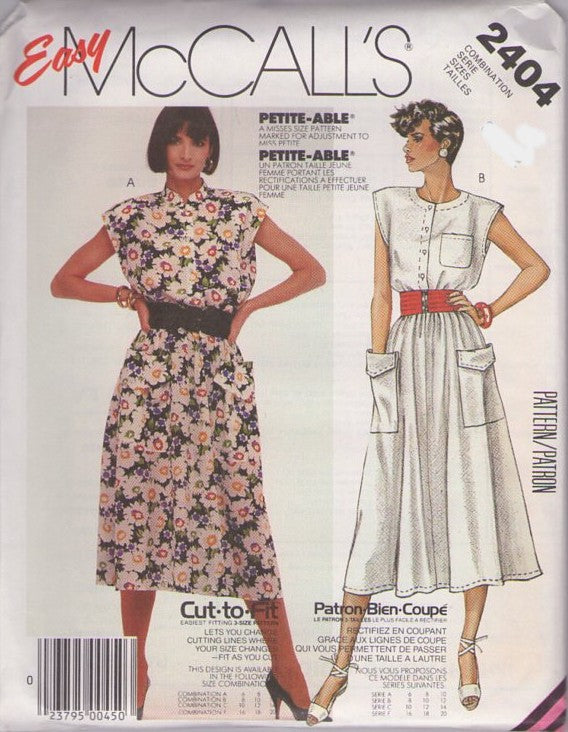 McCall's 2404 Vintage 80's Sewing Pattern Secretary Dress Set, Easy Cap Sleeve, Flared Skirt, HUGE Envelope Pockets Garden Party Day Dress Size 6-10