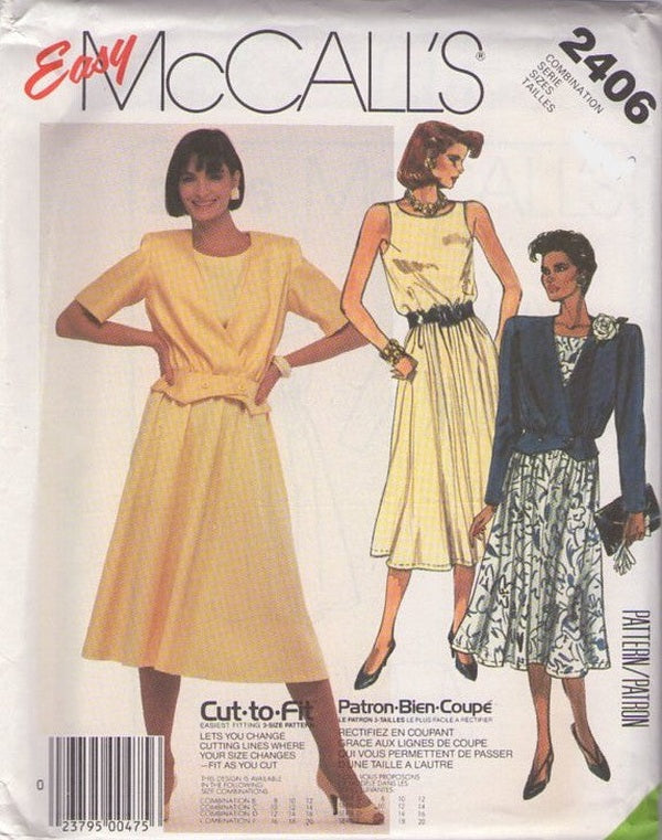 McCall's 2406 Vintage 80's Sewing Pattern Secretary Dress, Jacket, Easy Full Flared Skirt, Garden Party Sleeveless Dress, Double Breasted Suit Jacket Size 10-14