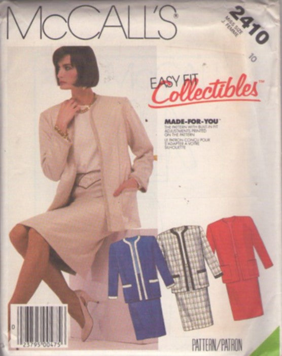 McCall's 2410 Vintage 80's Sewing Pattern Suit Separates, Easy Fit Collectibles, Jackie O Chanel Style Cardigan Suit Jacket & Slim Sheath Skirt Size 10