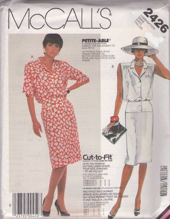 McCall's 2426 Vintage 80's Sewing Pattern Secretary Dresses, Dropped Yoke Waist, Blouson Top, Pretty Woman Party Dress Size 8-12