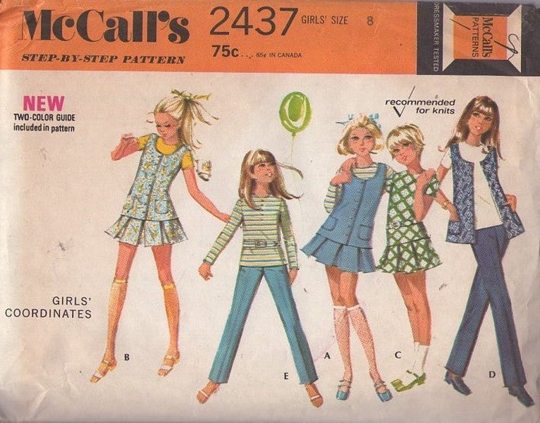 McCall's 2437 Vintage 70's Sewing Pattern Girls' Mod Separates, Bready Bunch Vest Top, Shirt, Pleated Mini Skirt, Pants Size 8