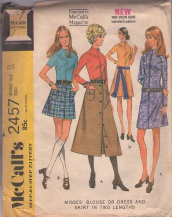 McCall's 2457 Vintage 70's Sewing Pattern Mod Separates, Funnel Neck Front Zipper Blouse, Raglan Shirt, Top, A-Line Front Buttoned Mini Skirt, Step In Dress Size 12