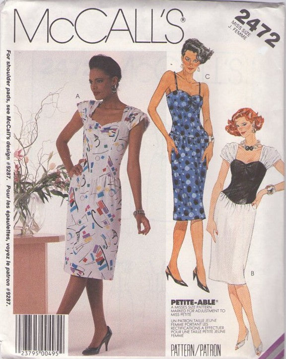 McCall's 2472 Vintage 80's Sewing Pattern Pinup Dress, Vixen, Shirred Sleeve Sweetheart Basque Waist New Wave Cocktail Party Dress Size 8